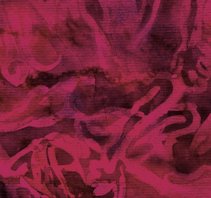 Abstraktes Kunstwerk in kräftigen Pink- und Rottönen. Freie, fließende Formen und Linien überlagern sich auf einer strukturierten Oberfläche und erinnern an Bewegung oder organische Spuren.